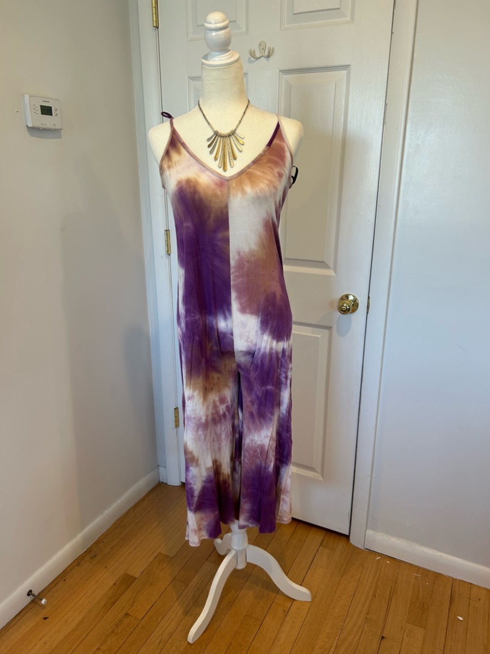Tie-Dye Slip Maxi Jumpsuit in Purple and Cream